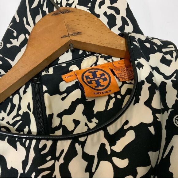 Tory Burch Black/off white Cotton/Silk Leather Trim Dress Sz 6 - Picture 8 of 9